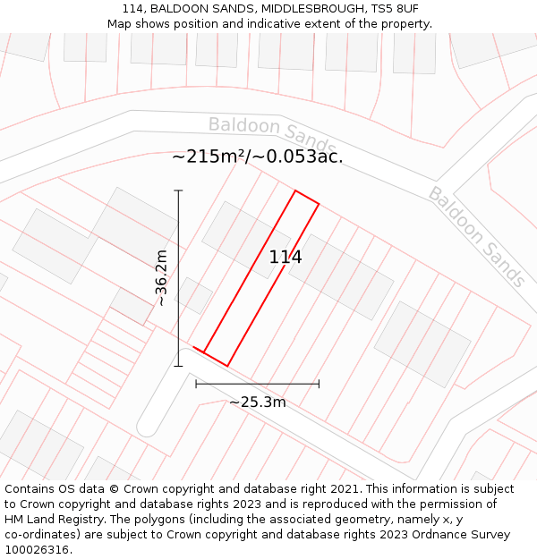 114, BALDOON SANDS, MIDDLESBROUGH, TS5 8UF: Plot and title map