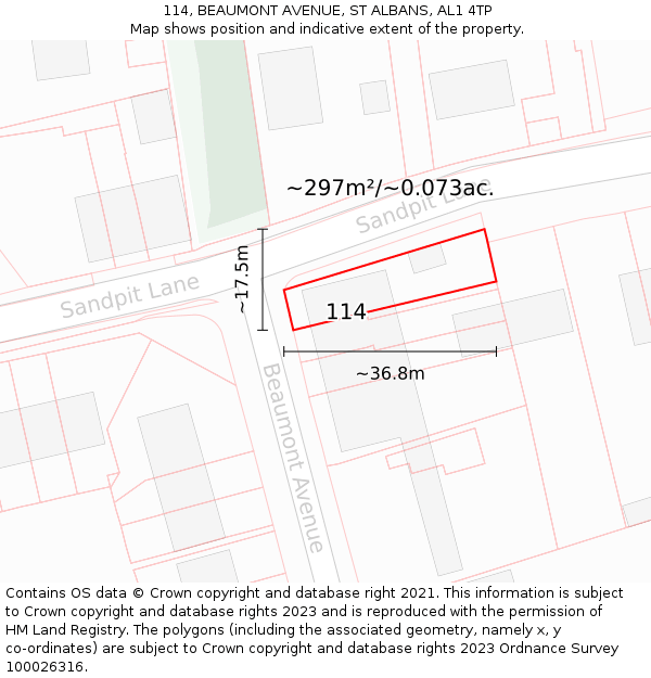 114, BEAUMONT AVENUE, ST ALBANS, AL1 4TP: Plot and title map