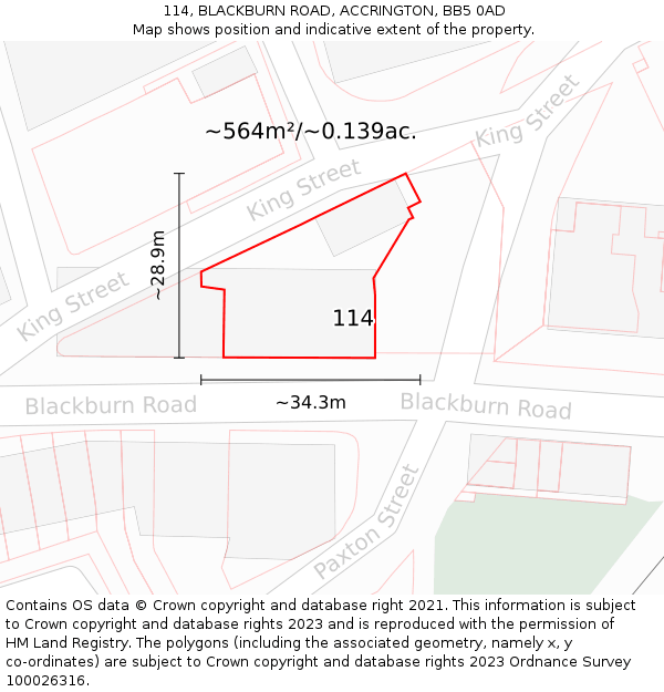 114, BLACKBURN ROAD, ACCRINGTON, BB5 0AD: Plot and title map