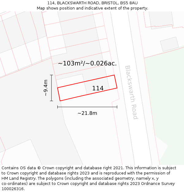 114, BLACKSWARTH ROAD, BRISTOL, BS5 8AU: Plot and title map