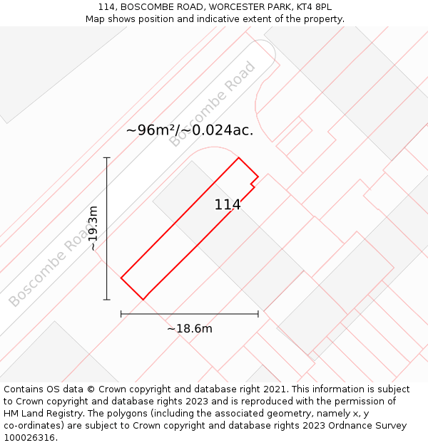 114, BOSCOMBE ROAD, WORCESTER PARK, KT4 8PL: Plot and title map