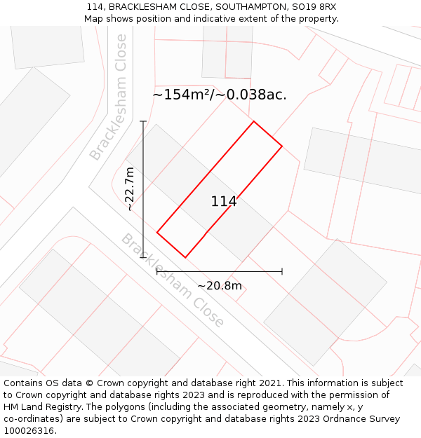 114, BRACKLESHAM CLOSE, SOUTHAMPTON, SO19 8RX: Plot and title map