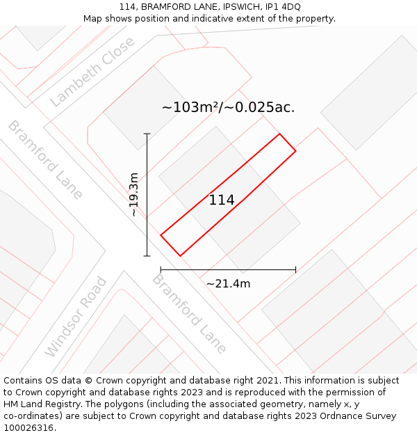 114, BRAMFORD LANE, IPSWICH, IP1 4DQ: Plot and title map