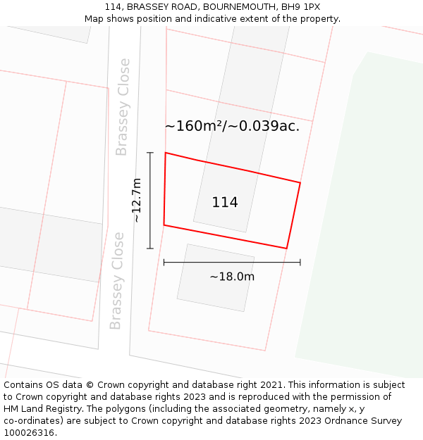 114, BRASSEY ROAD, BOURNEMOUTH, BH9 1PX: Plot and title map