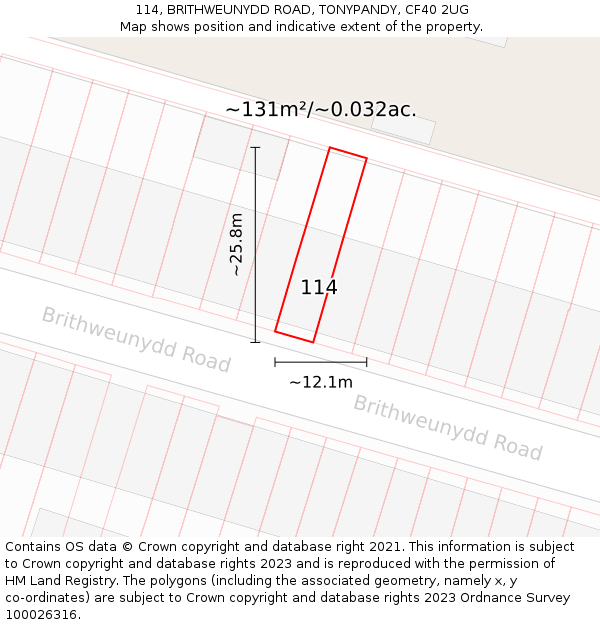 114, BRITHWEUNYDD ROAD, TONYPANDY, CF40 2UG: Plot and title map