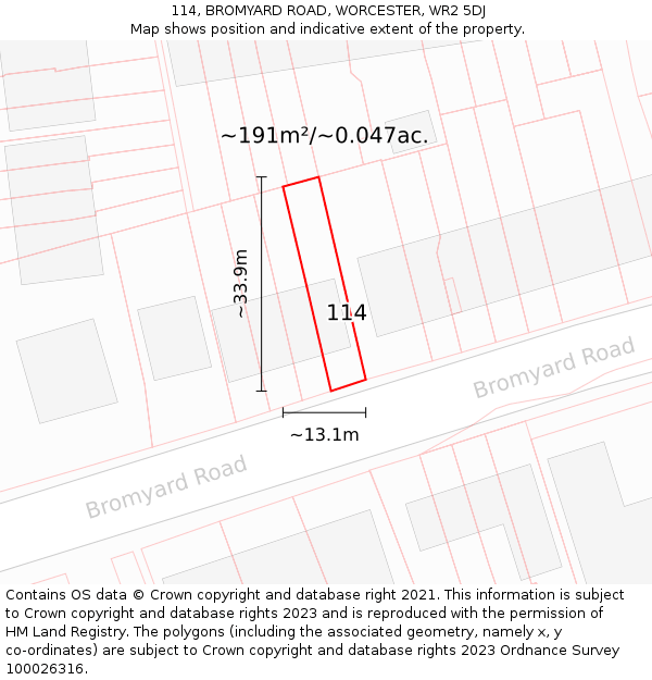 114, BROMYARD ROAD, WORCESTER, WR2 5DJ: Plot and title map