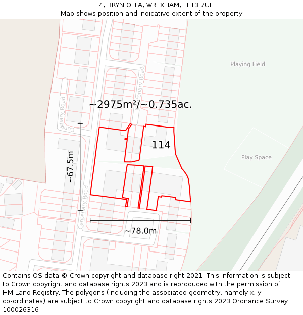 114, BRYN OFFA, WREXHAM, LL13 7UE: Plot and title map