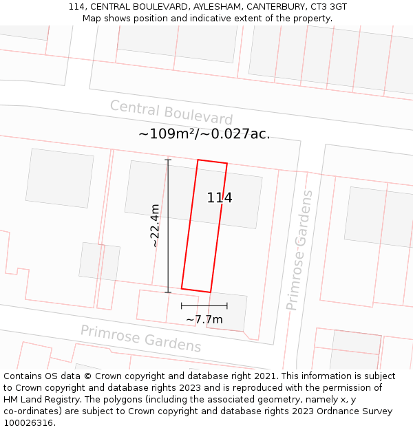 114, CENTRAL BOULEVARD, AYLESHAM, CANTERBURY, CT3 3GT: Plot and title map