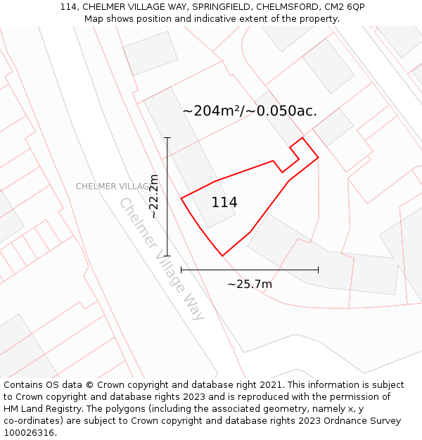 114, CHELMER VILLAGE WAY, SPRINGFIELD, CHELMSFORD, CM2 6QP: Plot and title map