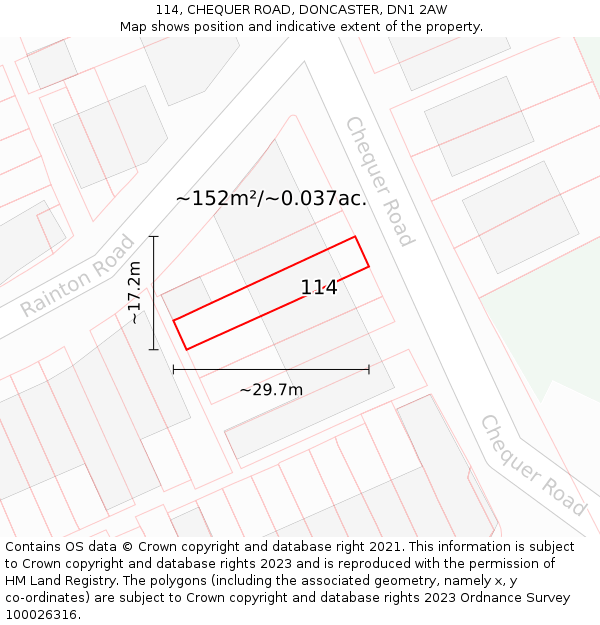 114, CHEQUER ROAD, DONCASTER, DN1 2AW: Plot and title map