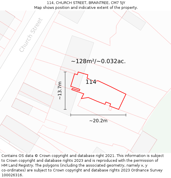 114, CHURCH STREET, BRAINTREE, CM7 5JY: Plot and title map