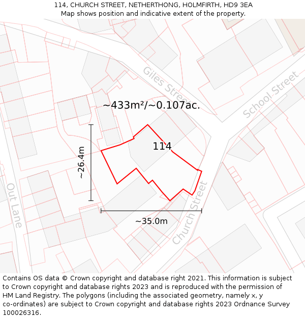 114, CHURCH STREET, NETHERTHONG, HOLMFIRTH, HD9 3EA: Plot and title map