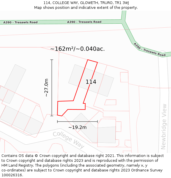 114, COLLEGE WAY, GLOWETH, TRURO, TR1 3WJ: Plot and title map