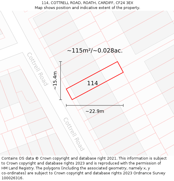 114, COTTRELL ROAD, ROATH, CARDIFF, CF24 3EX: Plot and title map