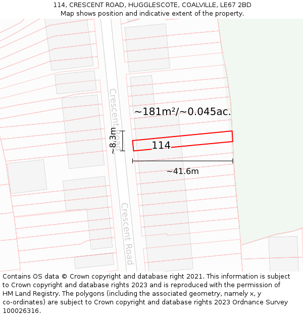 114, CRESCENT ROAD, HUGGLESCOTE, COALVILLE, LE67 2BD: Plot and title map