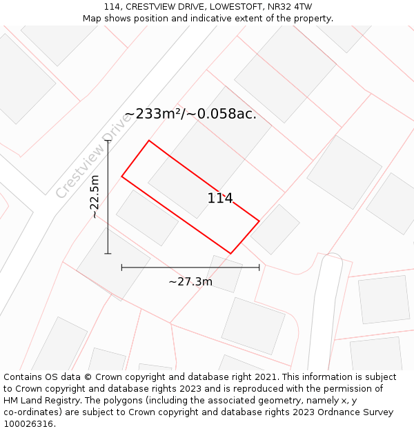 114, CRESTVIEW DRIVE, LOWESTOFT, NR32 4TW: Plot and title map