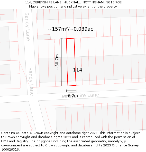 114, DERBYSHIRE LANE, HUCKNALL, NOTTINGHAM, NG15 7GE: Plot and title map