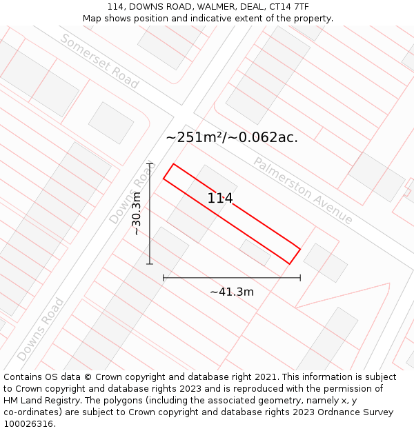 114, DOWNS ROAD, WALMER, DEAL, CT14 7TF: Plot and title map