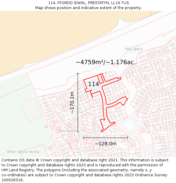 114, FFORDD IDWAL, PRESTATYN, LL19 7US: Plot and title map