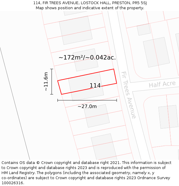 114, FIR TREES AVENUE, LOSTOCK HALL, PRESTON, PR5 5SJ: Plot and title map