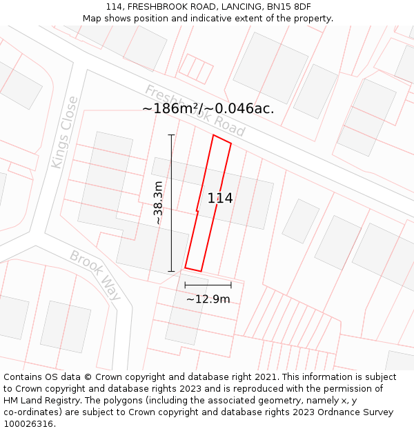 114, FRESHBROOK ROAD, LANCING, BN15 8DF: Plot and title map