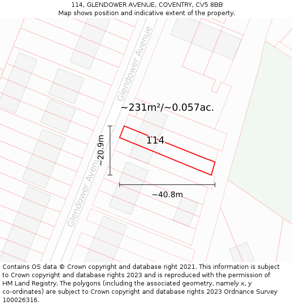 114, GLENDOWER AVENUE, COVENTRY, CV5 8BB: Plot and title map