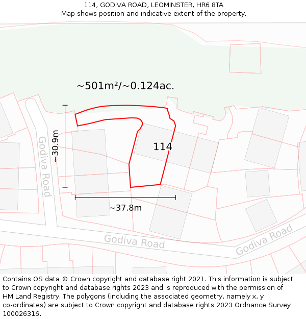 114, GODIVA ROAD, LEOMINSTER, HR6 8TA: Plot and title map