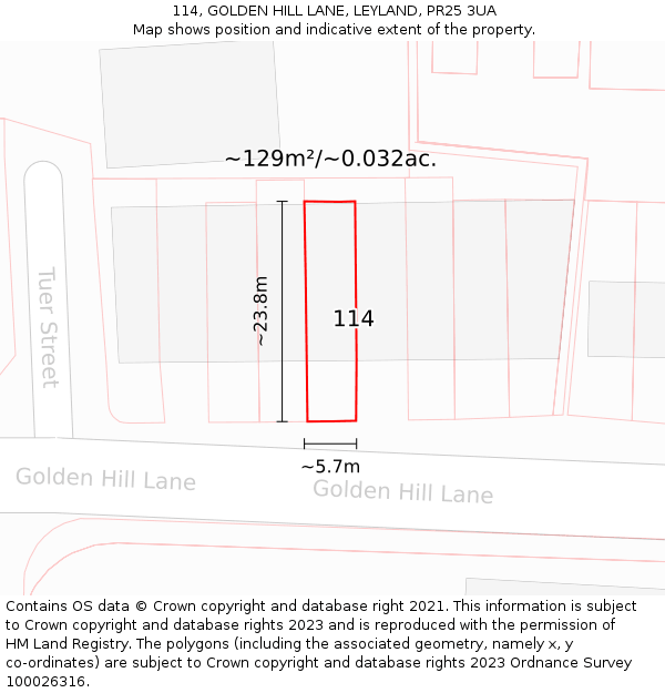 114, GOLDEN HILL LANE, LEYLAND, PR25 3UA: Plot and title map