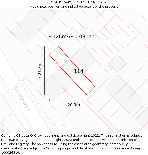 114, GRANGEWAY, RUSHDEN, NN10 9JD: Plot and title map