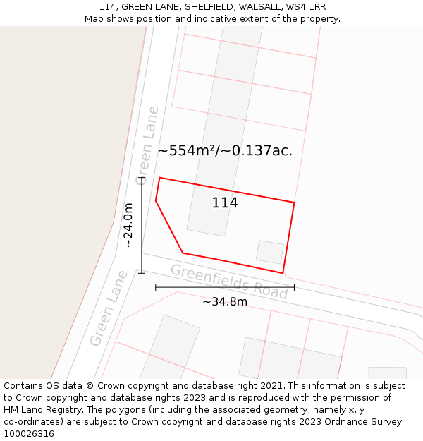 114, GREEN LANE, SHELFIELD, WALSALL, WS4 1RR: Plot and title map