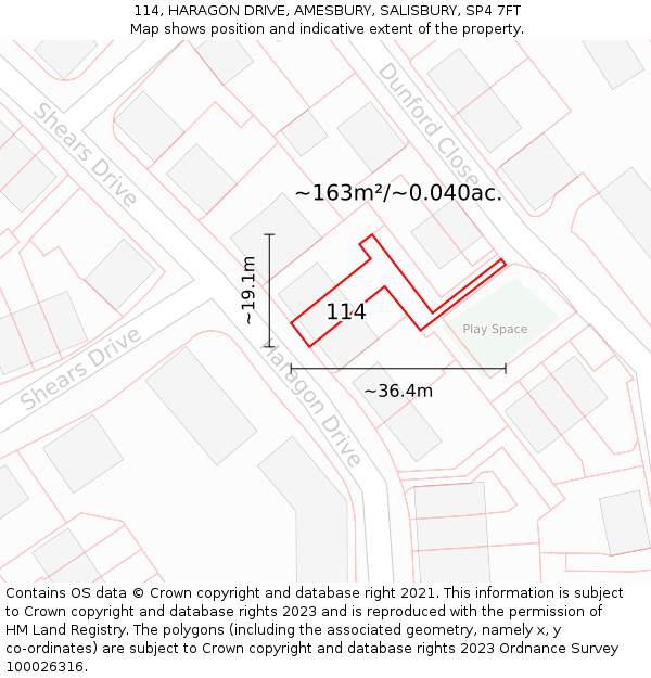 114, HARAGON DRIVE, AMESBURY, SALISBURY, SP4 7FT: Plot and title map