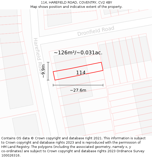 114, HAREFIELD ROAD, COVENTRY, CV2 4BY: Plot and title map