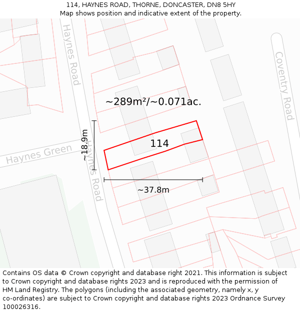 114, HAYNES ROAD, THORNE, DONCASTER, DN8 5HY: Plot and title map