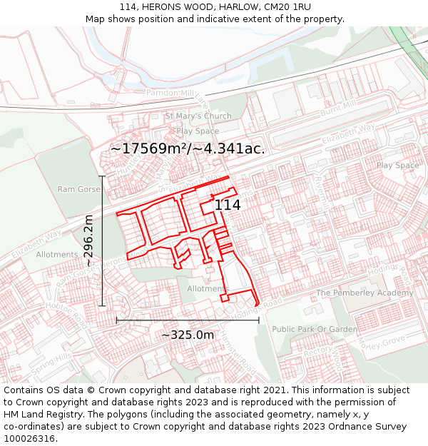 114, HERONS WOOD, HARLOW, CM20 1RU: Plot and title map