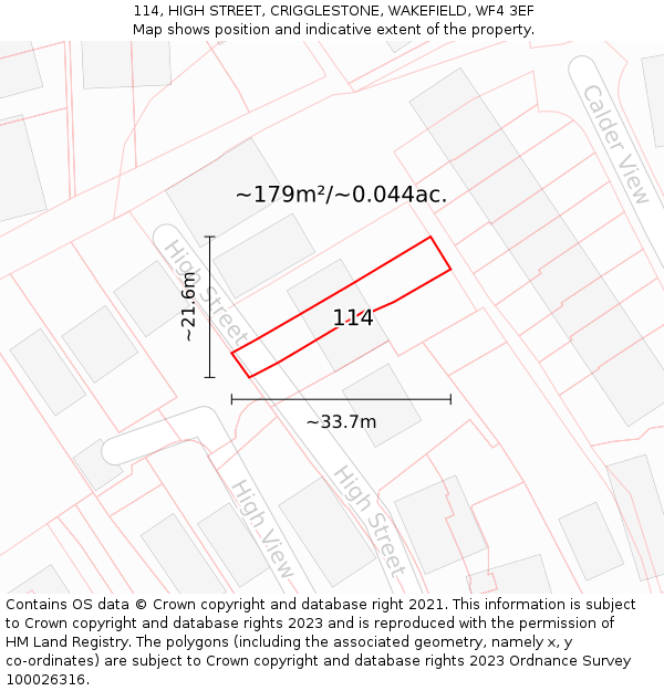 114, HIGH STREET, CRIGGLESTONE, WAKEFIELD, WF4 3EF: Plot and title map