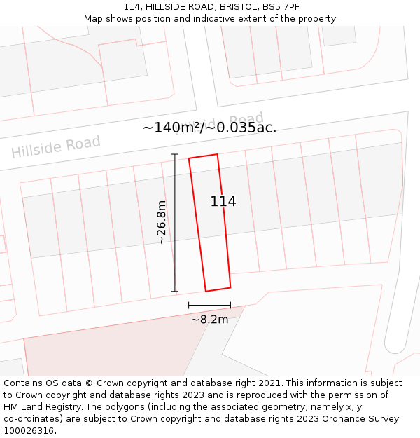 114, HILLSIDE ROAD, BRISTOL, BS5 7PF: Plot and title map