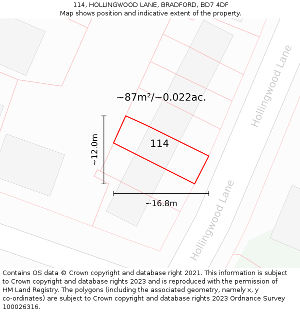 114, HOLLINGWOOD LANE, BRADFORD, BD7 4DF: Plot and title map