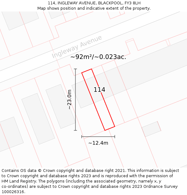 114, INGLEWAY AVENUE, BLACKPOOL, FY3 8LH: Plot and title map