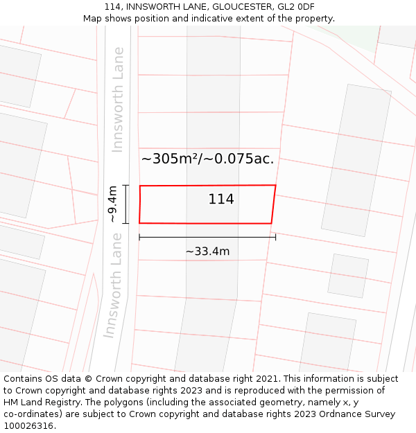 114, INNSWORTH LANE, GLOUCESTER, GL2 0DF: Plot and title map
