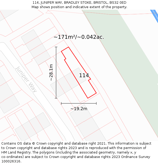 114, JUNIPER WAY, BRADLEY STOKE, BRISTOL, BS32 0ED: Plot and title map