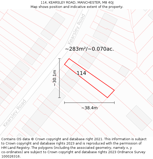 114, KEARSLEY ROAD, MANCHESTER, M8 4GJ: Plot and title map