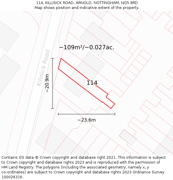114, KILLISICK ROAD, ARNOLD, NOTTINGHAM, NG5 8RD: Plot and title map