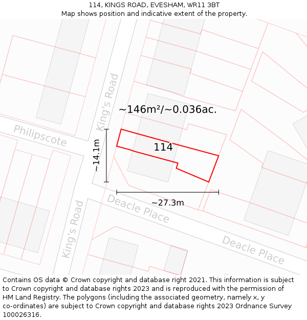 114, KINGS ROAD, EVESHAM, WR11 3BT: Plot and title map