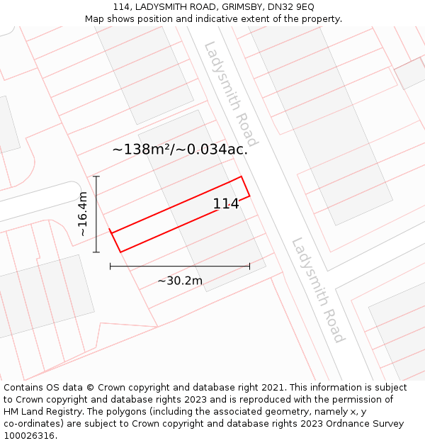 114, LADYSMITH ROAD, GRIMSBY, DN32 9EQ: Plot and title map
