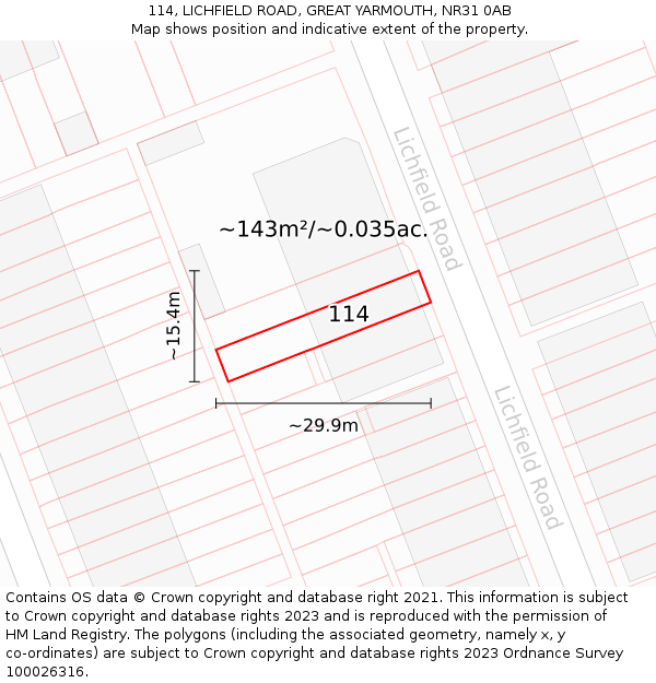 114, LICHFIELD ROAD, GREAT YARMOUTH, NR31 0AB: Plot and title map