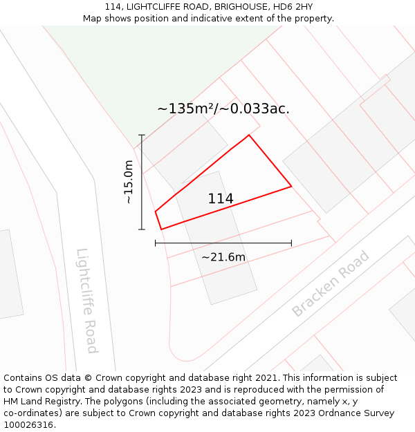 114, LIGHTCLIFFE ROAD, BRIGHOUSE, HD6 2HY: Plot and title map