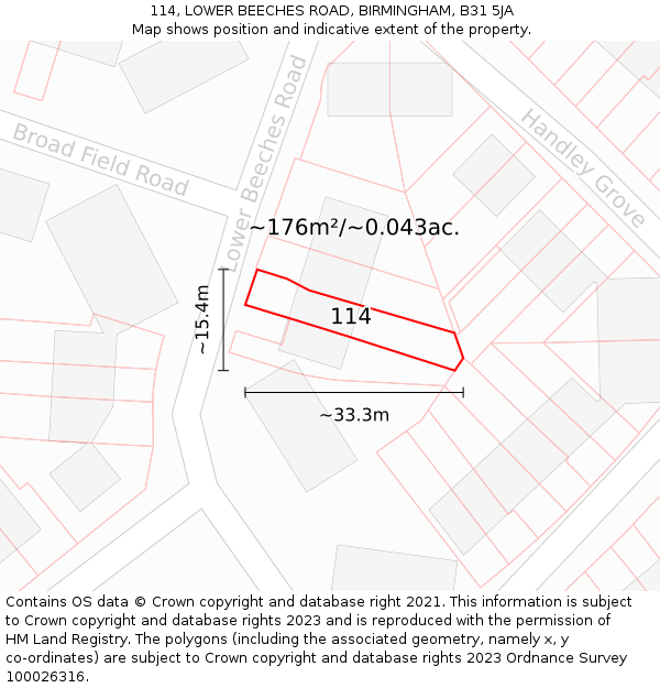 114, LOWER BEECHES ROAD, BIRMINGHAM, B31 5JA: Plot and title map