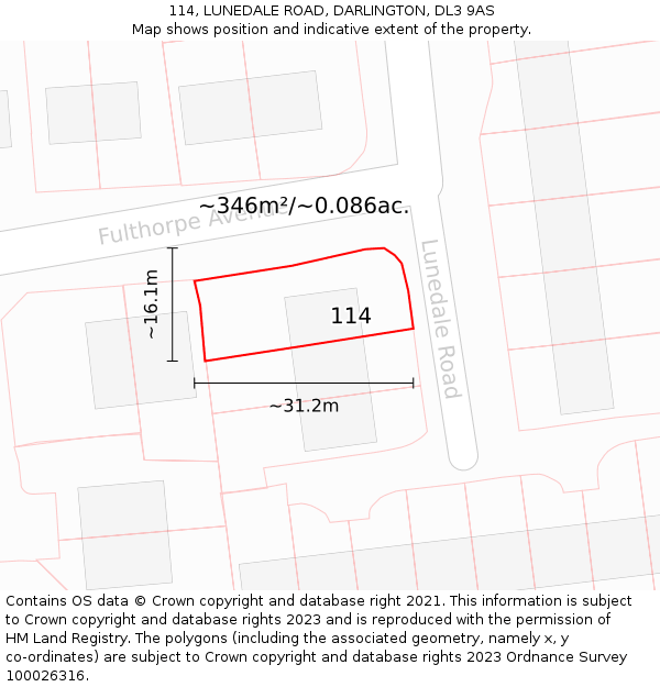 114, LUNEDALE ROAD, DARLINGTON, DL3 9AS: Plot and title map