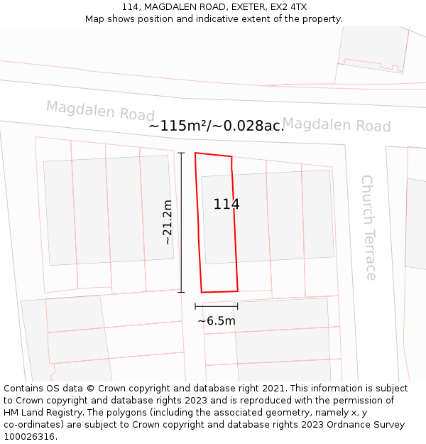 114, MAGDALEN ROAD, EXETER, EX2 4TX: Plot and title map