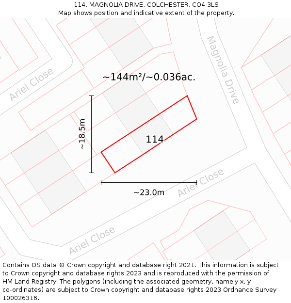 114, MAGNOLIA DRIVE, COLCHESTER, CO4 3LS: Plot and title map